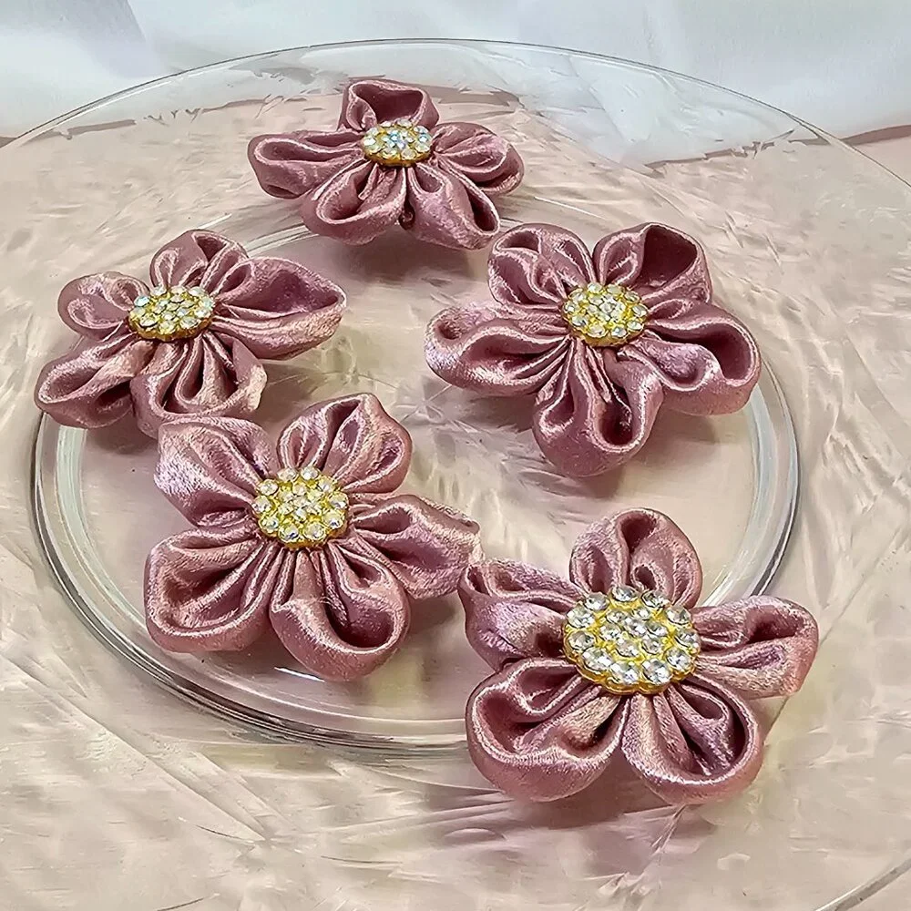 5pc Satin Sparkle Fabric Flower Set with Rhinestone Centers, Dusty Rose